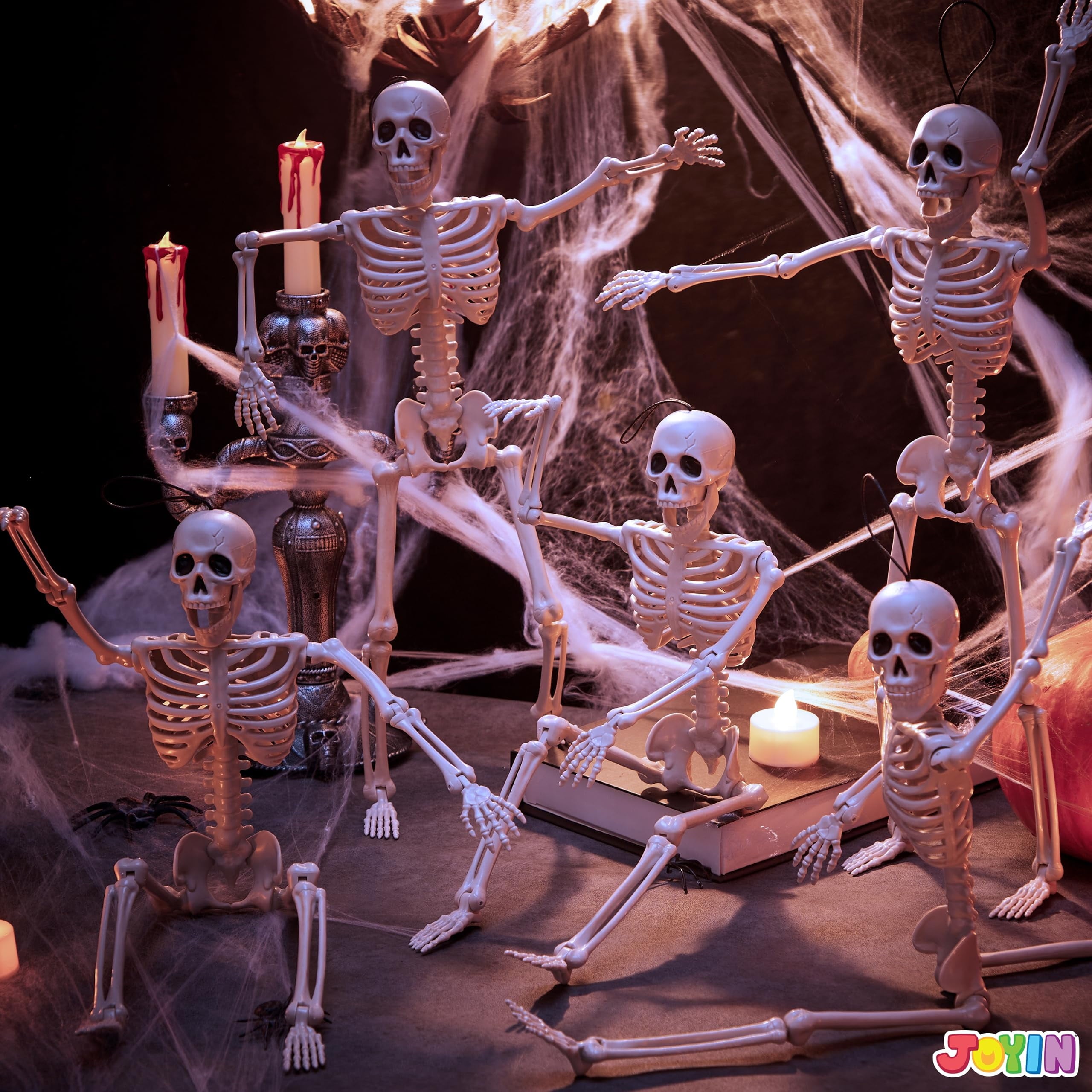 Joyfy 5 Pcs Halloween Skeleton Decorations,16 inch Full Body Poseable Skeleton with Movable Joints for Halloween Indoor Outdoor Party,Graveyard,Haunted House Accessories,White