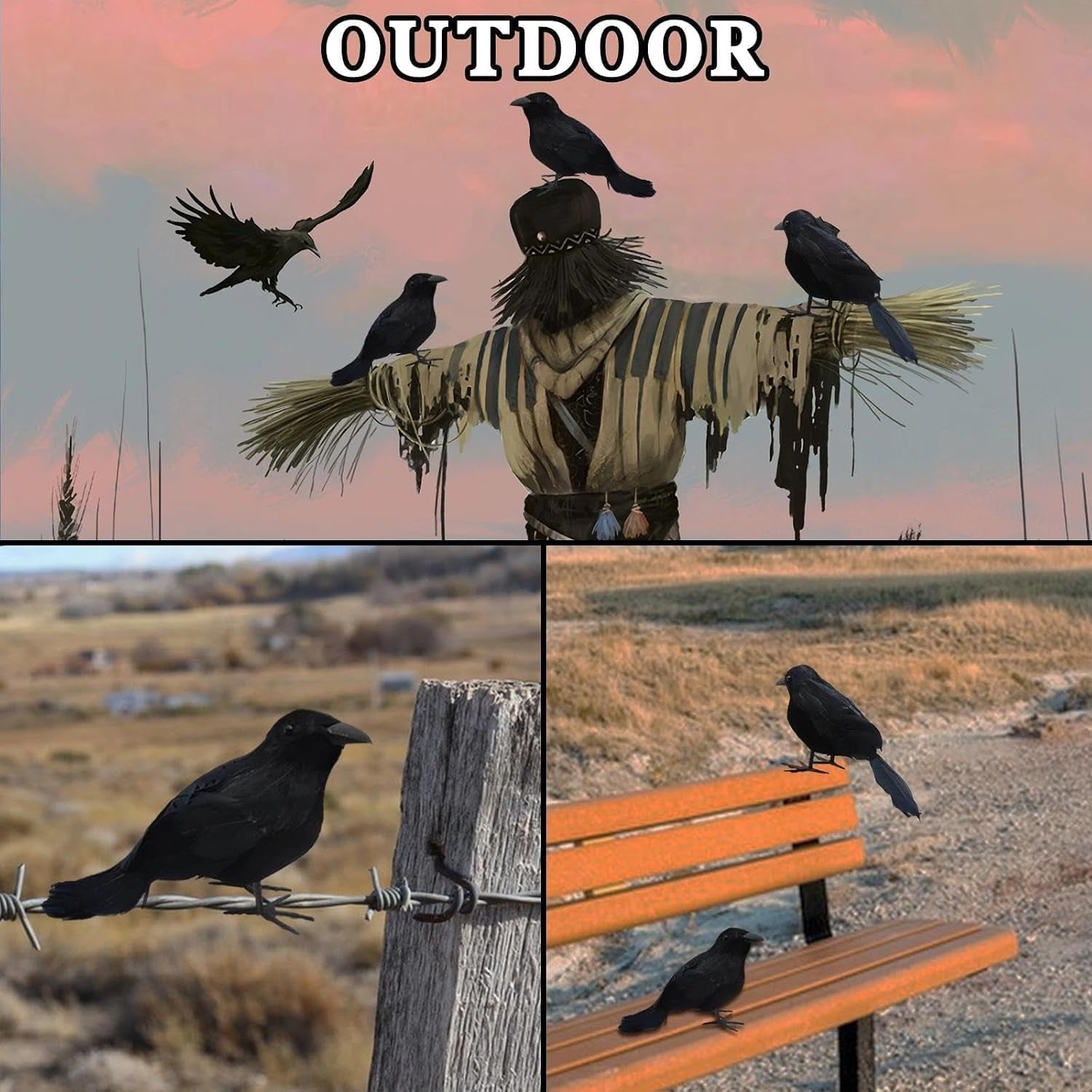 Yanxiao 6PCS Halloween Black Crows Decorations, Realistic Foam Halloween Handmade Black Feathered Crows with Fixable Legs, Halloween Gothic Ornaments for Table Centerpieces, Party, Indoor & Outdoor
