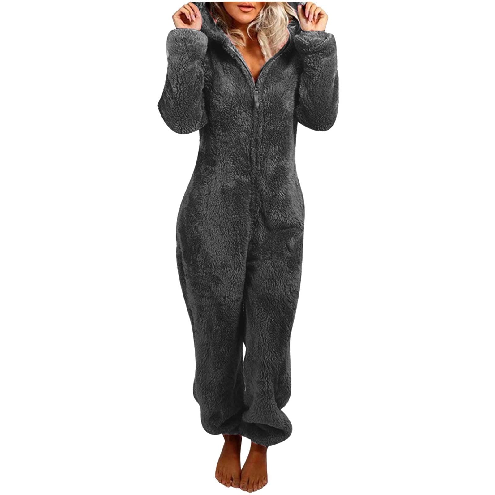 QATAINLAV Sherpa Fleece Jumpsuit for Women Winter Warm Fuzzy Onesie Pajamas Cute Cat Hooded Romper Casual Zip Up Overalls Sleepwear Black XL