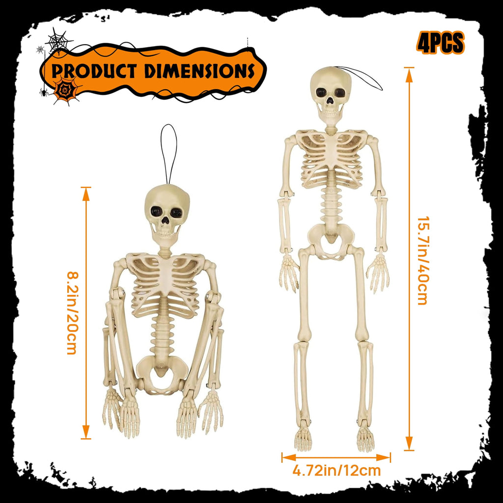 AGCAN 4 Packs Posable Halloween Hanging Skeleton Decoration, 16 Inch Halloween Decorations with Movable Joints for Graveyard Haunted House Props Decor Indoor Outdoor