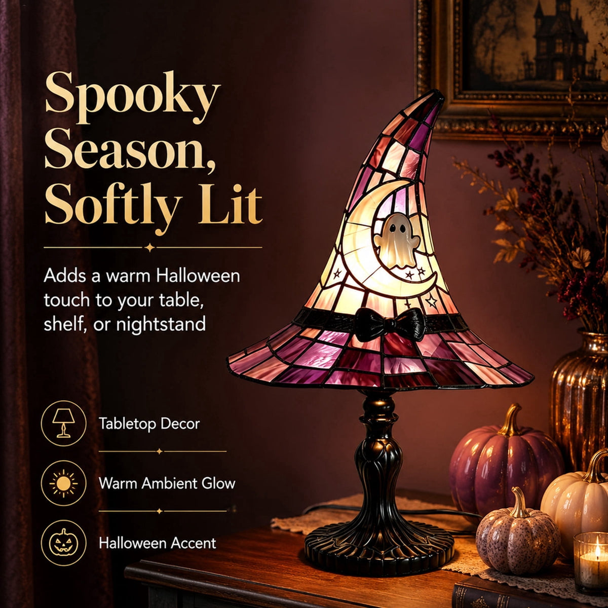 Halloween Decor Witch Hat Lamp, LED Halloween Night Light, Halloween Decorations Indoor, Witchy Decor for Shelf Mantel Table, Gothic Home Decoration