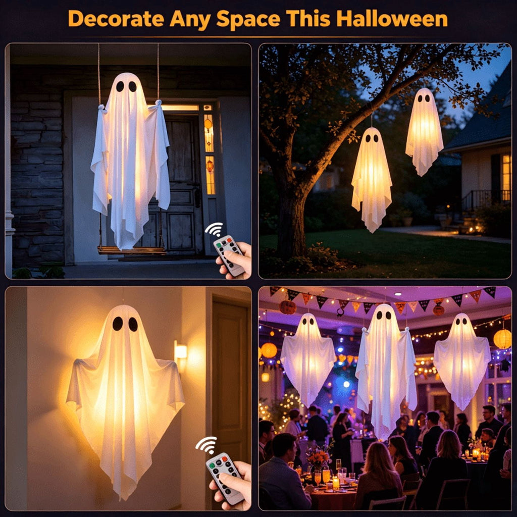 Clearance 5 FT Hanging Ghost Decor,Early Halloween Decorations Light-Up Flying Ghost on Broomstick with Witch Hat, Witch Broom, Spooky Cute Outdoor Halloween Decorations for Front Porch Yard Tree