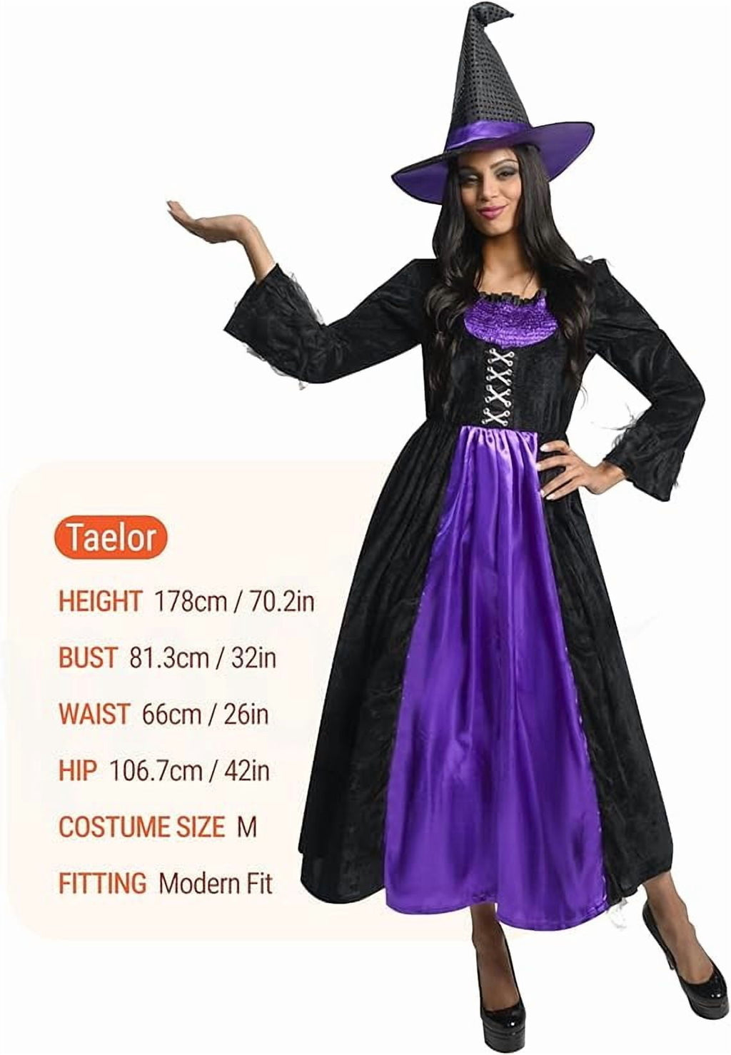 Joyfy Witch Costume for Women, Starry Witch Dress with Belt Hat for Adult Halloween Party Cosplay Dress up