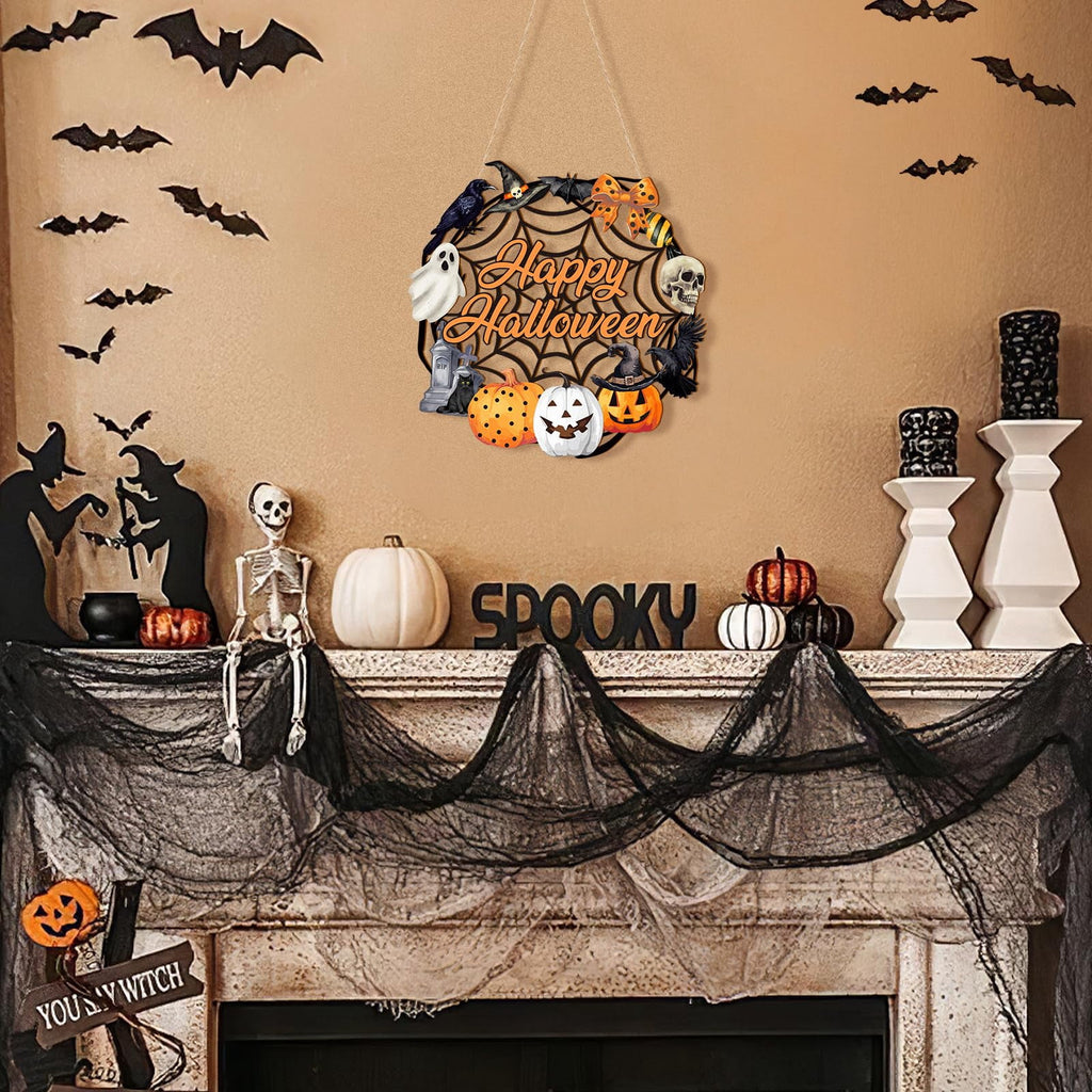 Halloween Decoration Indoor,Ghost & Pumpkin Halloween Wreath for Front Door,Wooden Black Cat Wall Sign Hanging Decor Indoor Outdoor Farmhouse Party Supply