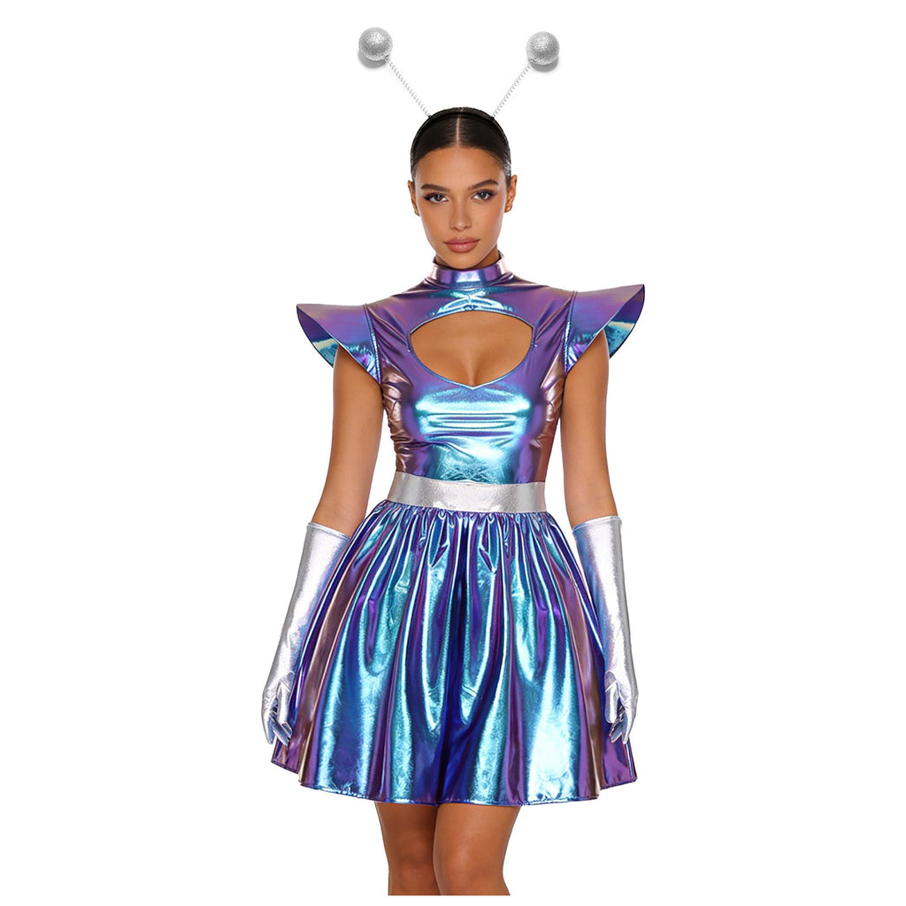 Aislor Womens Outer Space Alien Dress with Gloves Headband Halloween Space Cadet Rave Outfit Blue 3XL