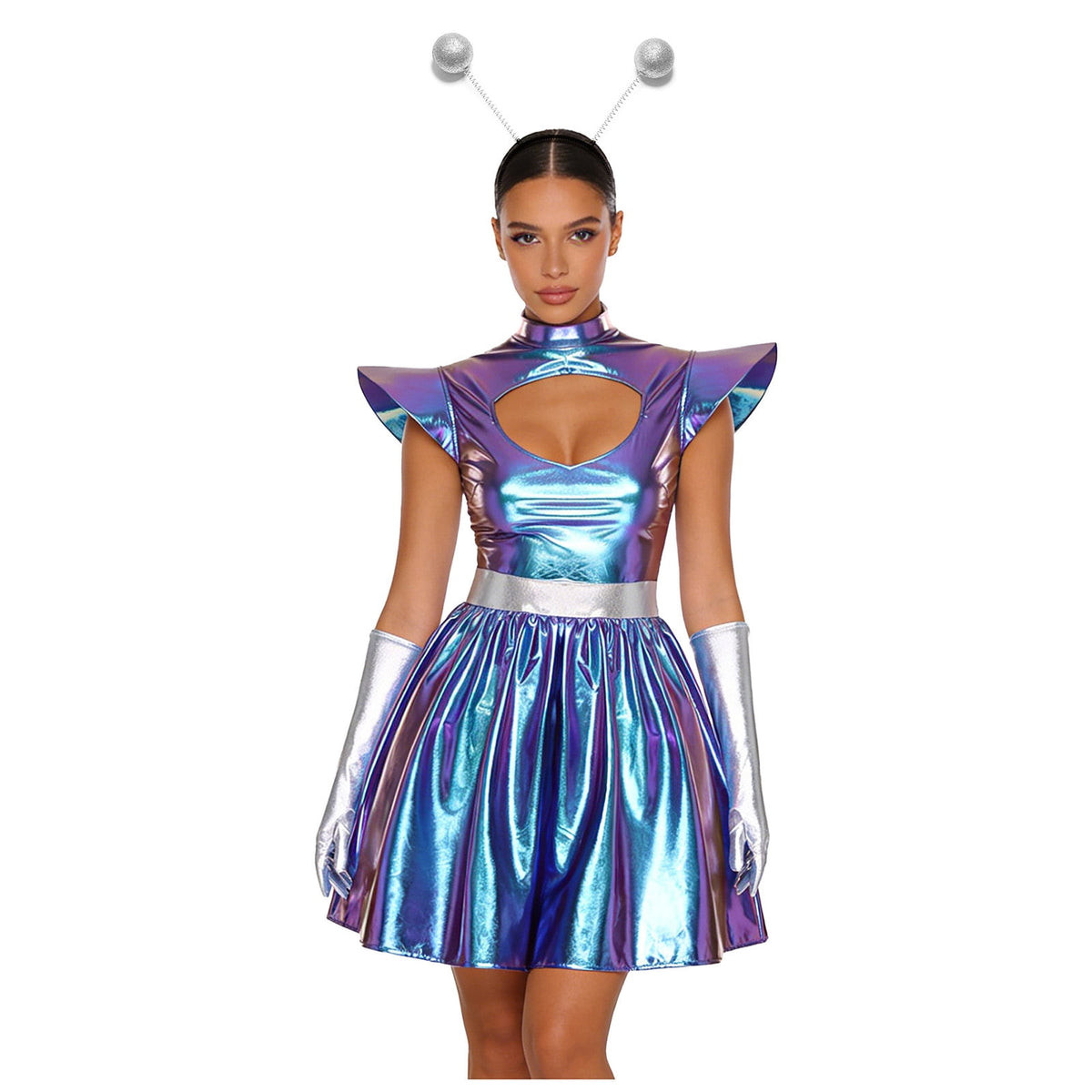 Aislor Womens Outer Space Alien Dress with Gloves Headband Halloween Space Cadet Rave Outfit Blue 3XL
