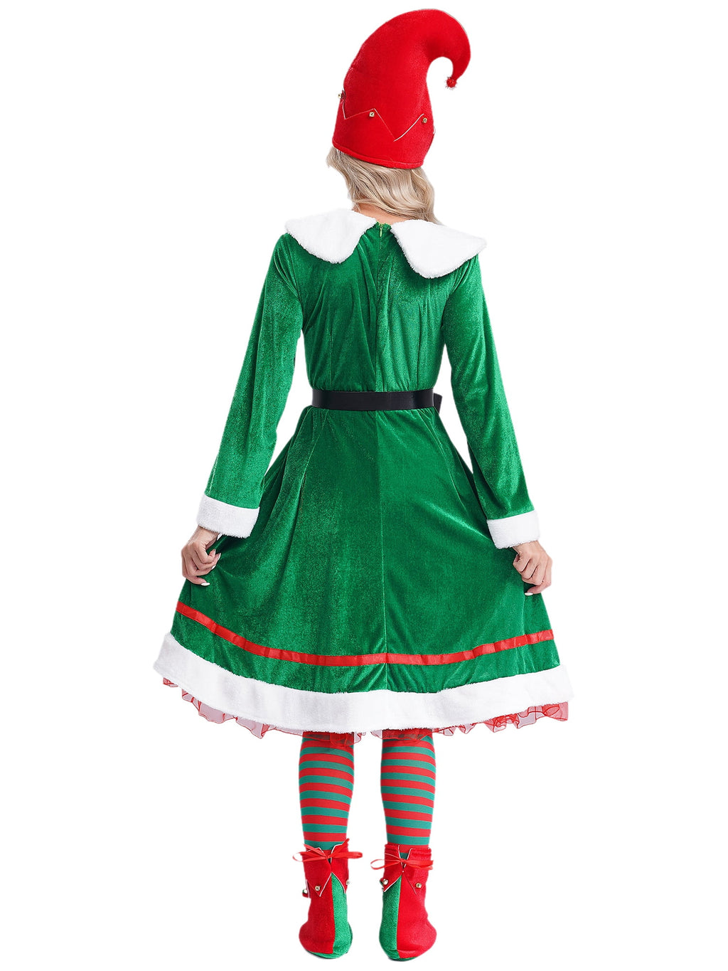 vastwit Womens Christmas Elf Dress Velvet Dress with Elf Hat Belt Striped Stockings Shoes Green L