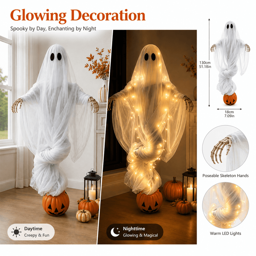 Swirling Ghost Pumpkin Yard Lamp, Lighted Spooky Ghost Statue, Warm LED Halloween Decorations Outdoor, Fall Autumn Garden Lawn Porch Pathway Ornament for Halloween Party Decoration