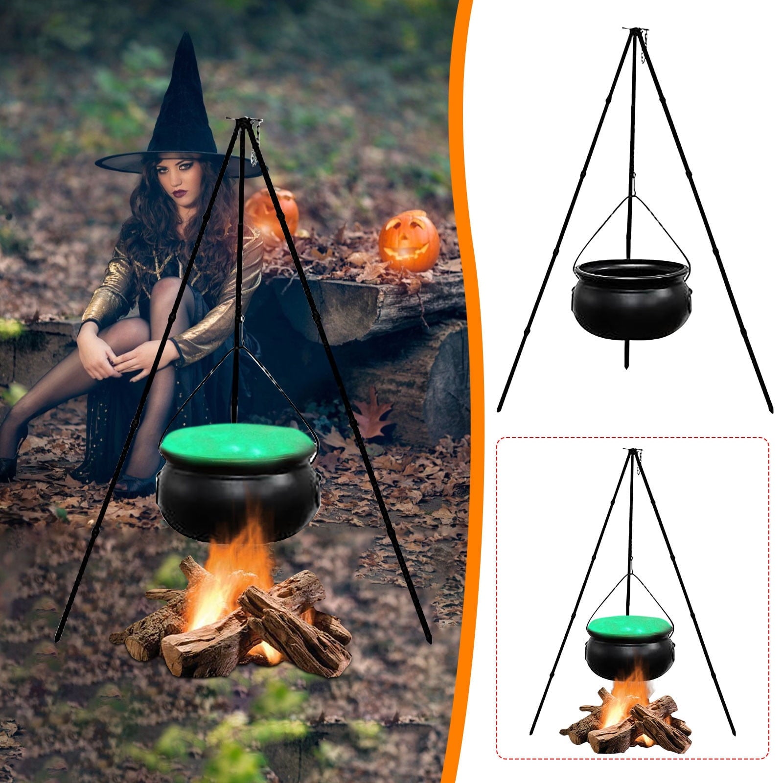 Large Halloween Witches Cauldron with Lights Black Plastic Bowl Outdoor Decor,Halloween Party Decorations,Large Witches Cauldron on Tripod with Lights,for Patio Garden Lawn Decor