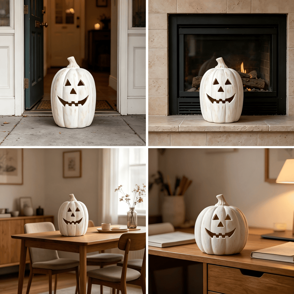 Fall Decor - Halloween Decorations - 5.9"H White Handmade Resin Pumpkin Jack O' Lantern with Flameless Candle - Outdoor Indoor Autumn Decoration for Table Centerpieces Porch Room Front Door