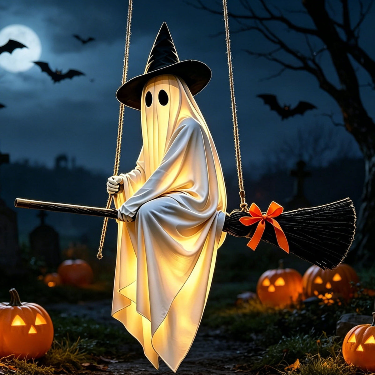Outdoor Halloween Decorations Large Hanging Ghost and Witch Broom with Lights, Spooky and Cute Ghost Decor for the Front Porch, Yard