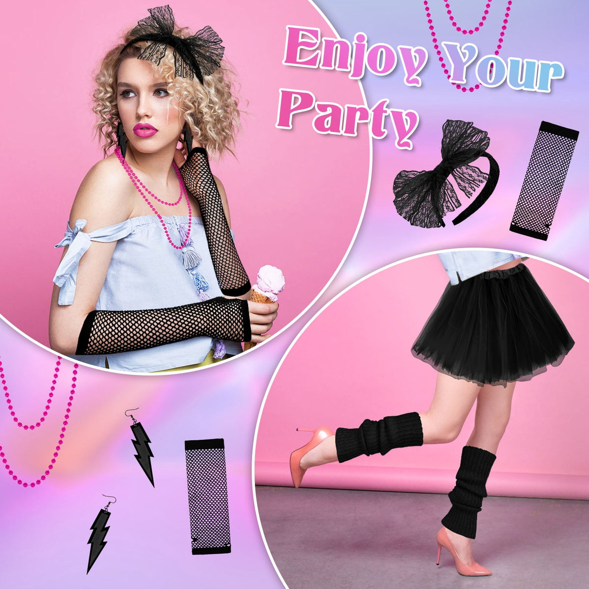Loritta 80s Costumes for Women Fancy Outfit Accessories Set with Fishnet Gloves Leg Warmers Tutu Skirts for Theme Party