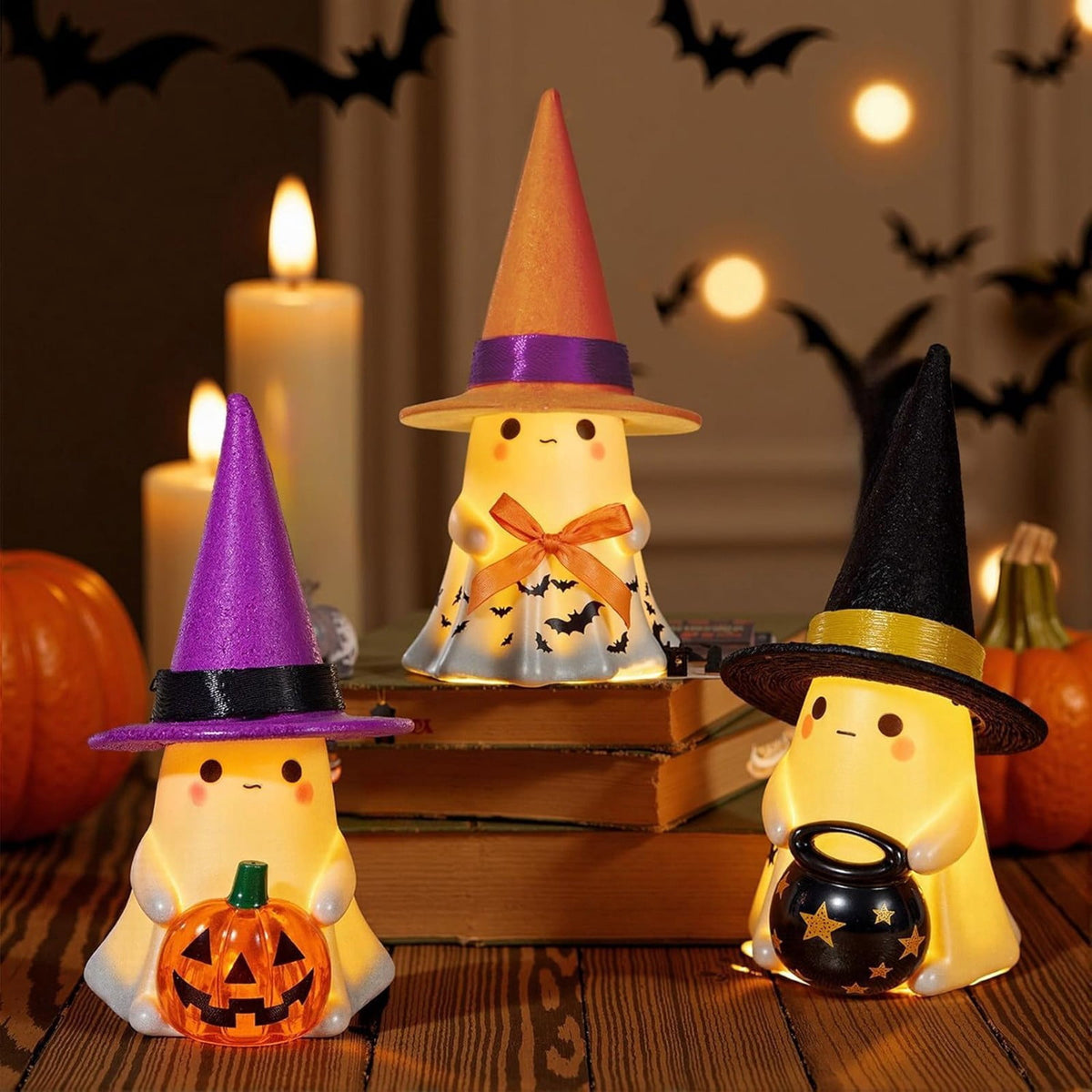 Fwttom Ghost Night Light, Halloween Lights Cute Ghost Reading Book Lamp, Halloween Decorations Indoor Light Up Ghost Statue Ghost Light for House Mantel Bedside