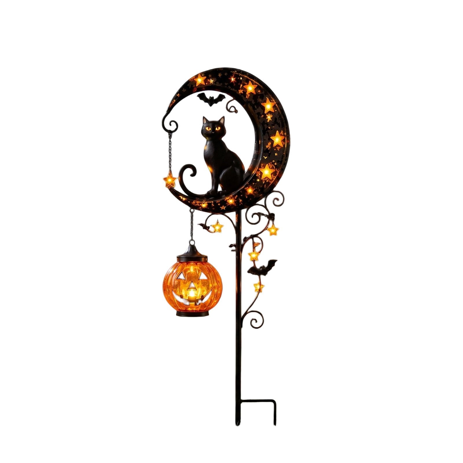 Clearance 35" Halloween Solar Pumpkin Moon Garden Stake Light with Black Cat Outdoor Waterproof LED Yard Decoration Hanging Jack-o'-Lantern for Garden, Patio, Walkway, Porch (C)