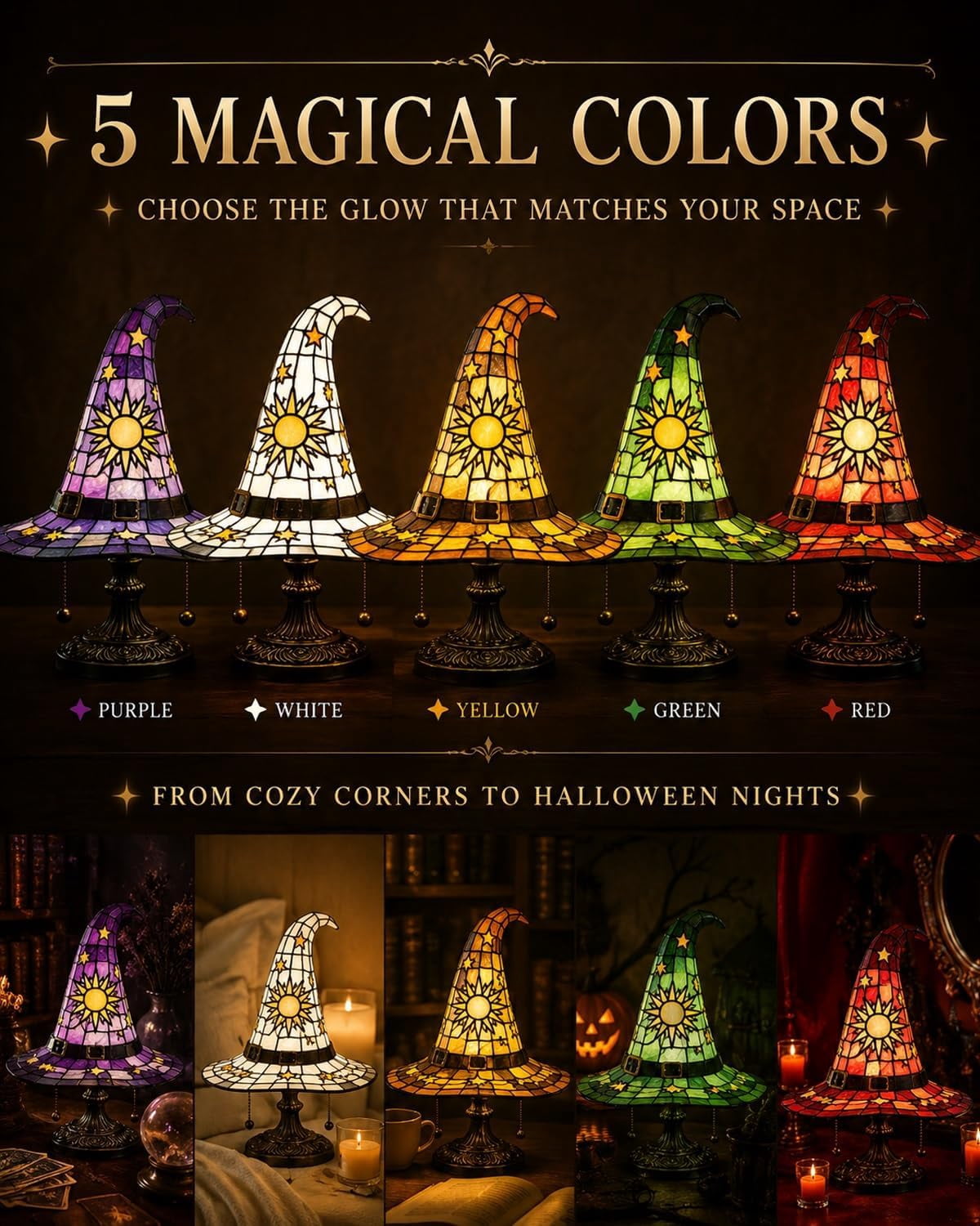 Clearance Halloween Table Lamp Decorations, Witch Hat Lamp Gifts - Handcrafted Retro Resin Witch Lamp, USB Powered Gothic Wizard Hats Night Light, Home Decor Accent Lamps for Bedroom