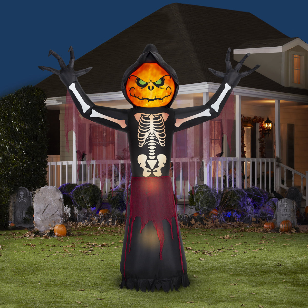 10' Gemmy Airblown Inflatable Halloween Fire and Ice Pumpkin Skeleton Reaper Yard Decoration 552061