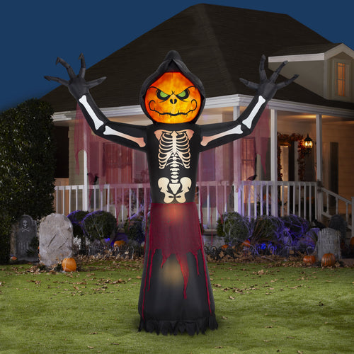 10' Gemmy Airblown Inflatable Halloween Fire and Ice Pumpkin Skeleton Reaper Yard Decoration 552061