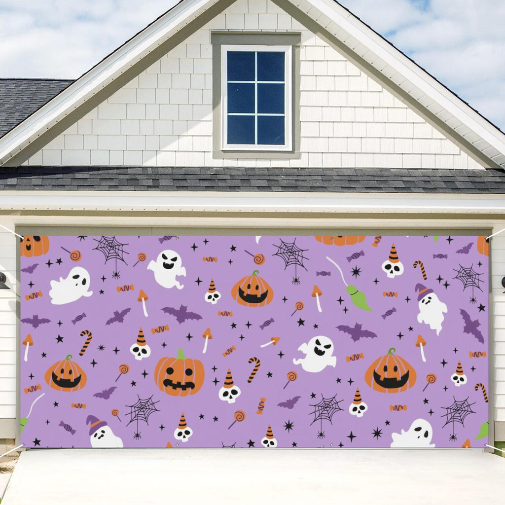 Halloween Garage Door Cover - 13x6ft Spooky Ghost Pumpkin Skull Witch Black Cat Polyester Backdrop for Outdoor Decor