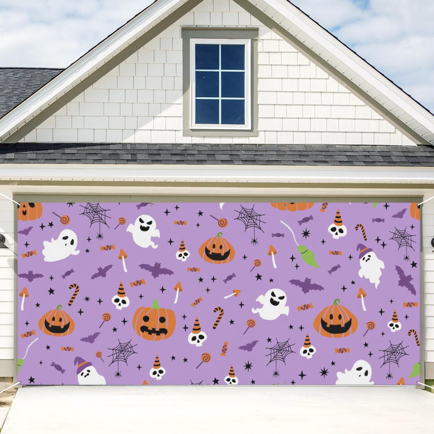 Halloween Garage Door Cover - 13x6ft Spooky Ghost Pumpkin Skull Witch Black Cat Polyester Backdrop for Outdoor Decor