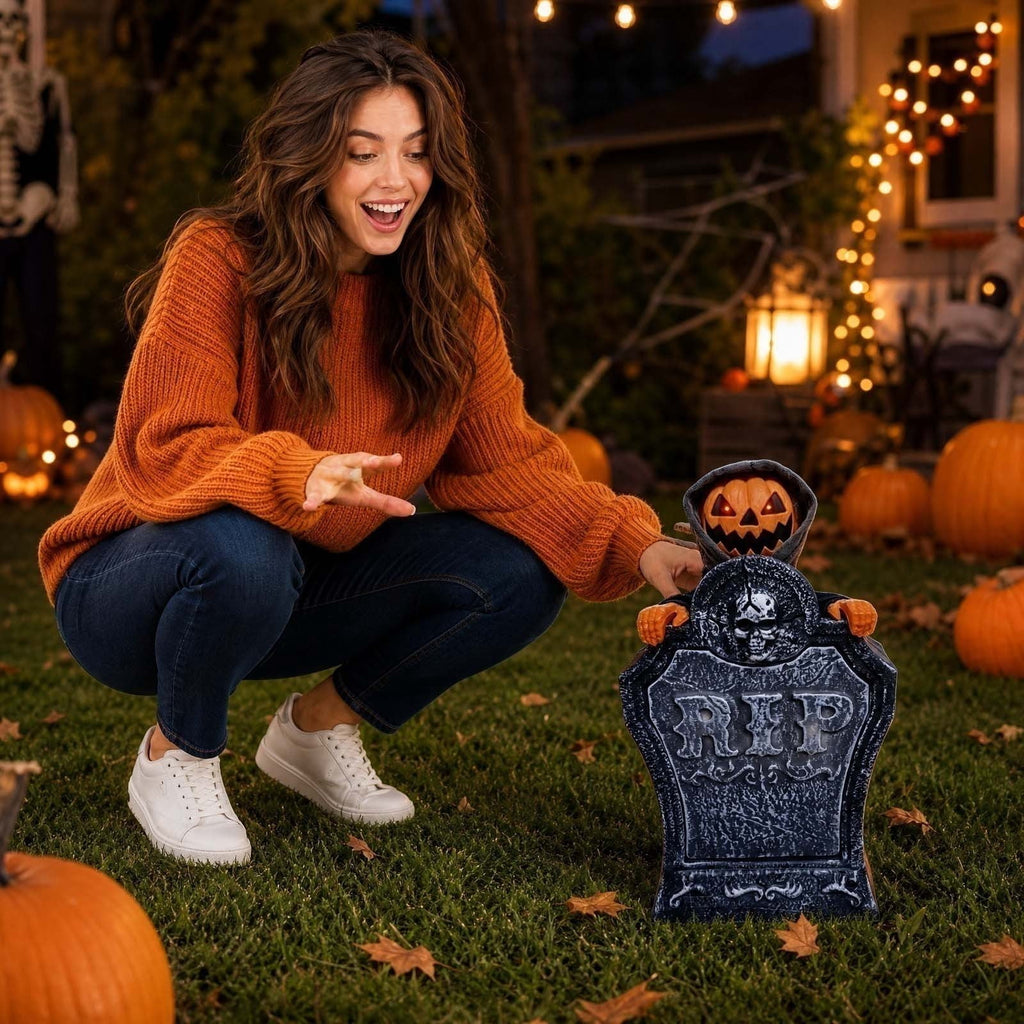 EWASWON Halloween Animated Tombstone, Motion Activated Gravestone with Rising Skeleton, Glowing LED Eyes & Scary Sounds, Outdoor Yard Decoration