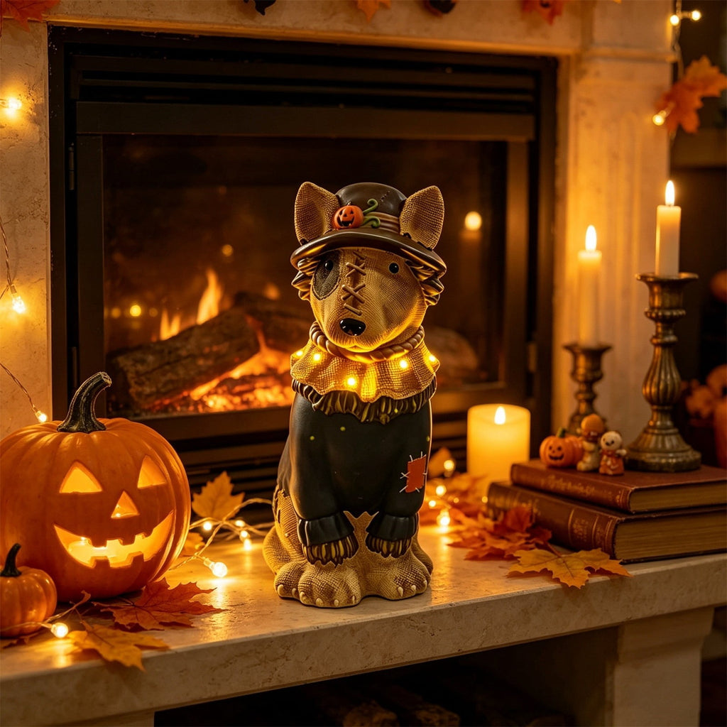 Halloween Dog Greeter - Frenchie 7.9in Resin Witch Dog with Light-Up Pumpkin, Spooky Fall Decor, Indoor Outdoor Tabletop Decoration