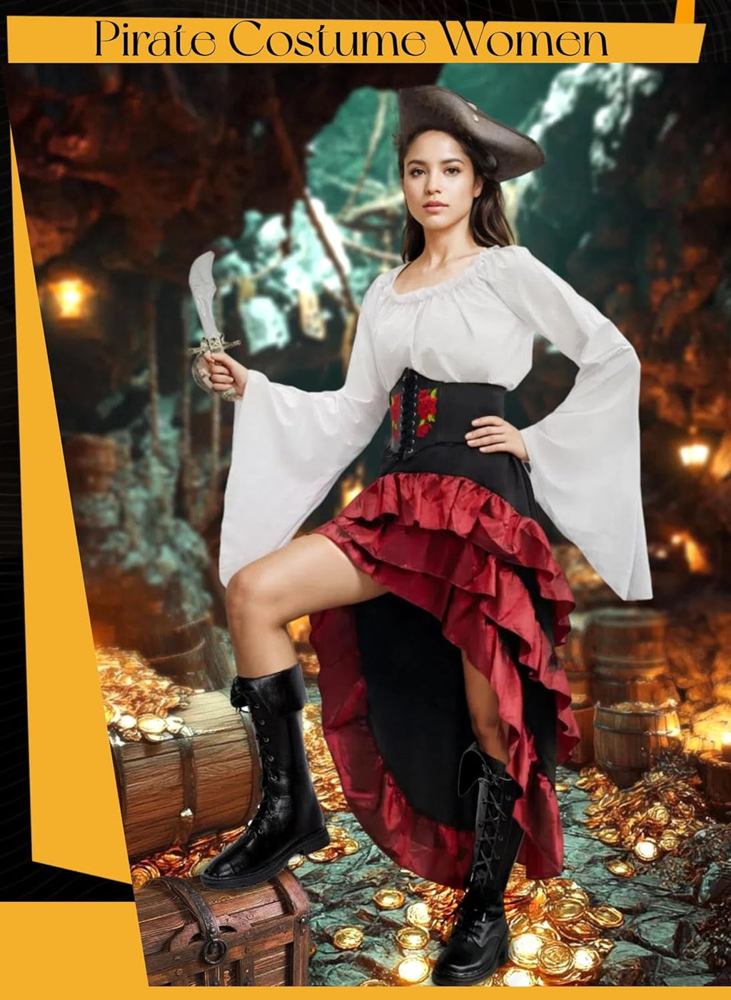 2026 Halloween Pirate Costume Women, Fancy Dress Cosplay Costumes Set with Renaissance Pirate Shirt Skirt Corset Waist Belt