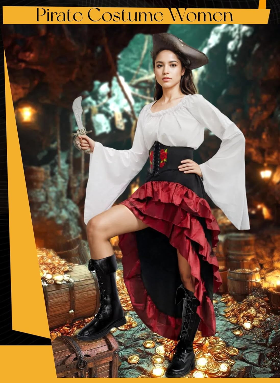 2026 Halloween Pirate Costume Women, Fancy Dress Cosplay Costumes Set with Renaissance Pirate Shirt Skirt Corset Waist Belt