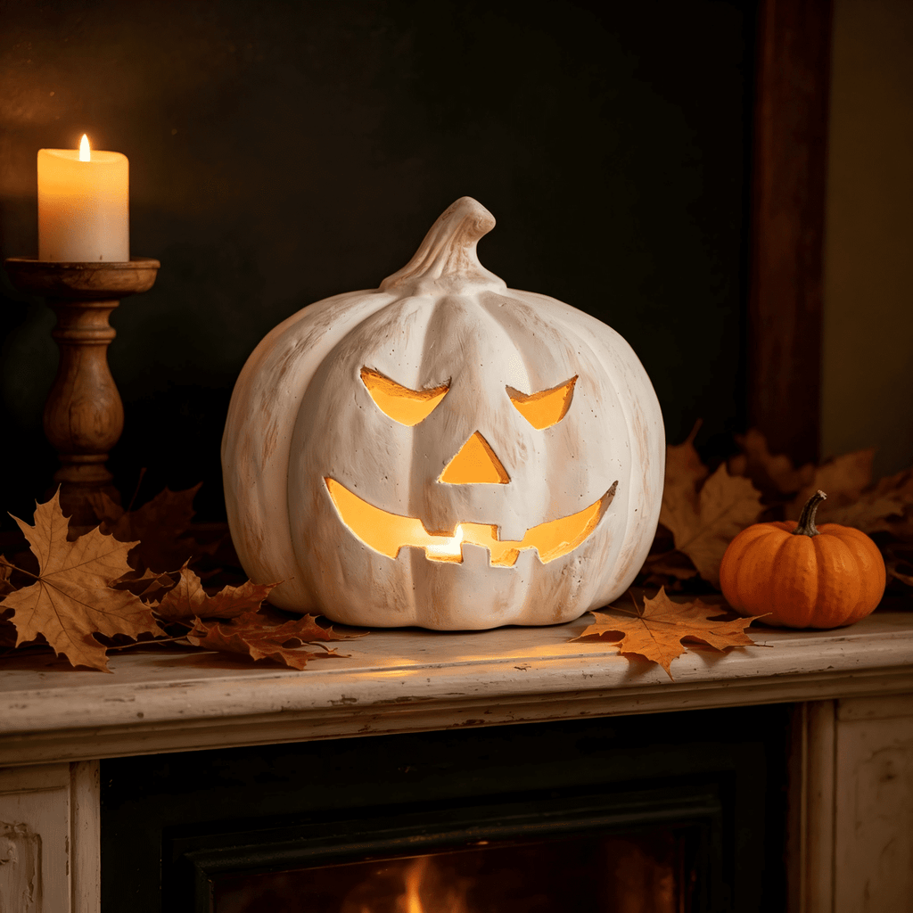 Fall Decor - Halloween Decorations - 5.9"H White Handmade Resin Pumpkin Jack O' Lantern with Flameless Candle - Outdoor Indoor Autumn Decoration for Table Centerpieces Porch Room Front Door