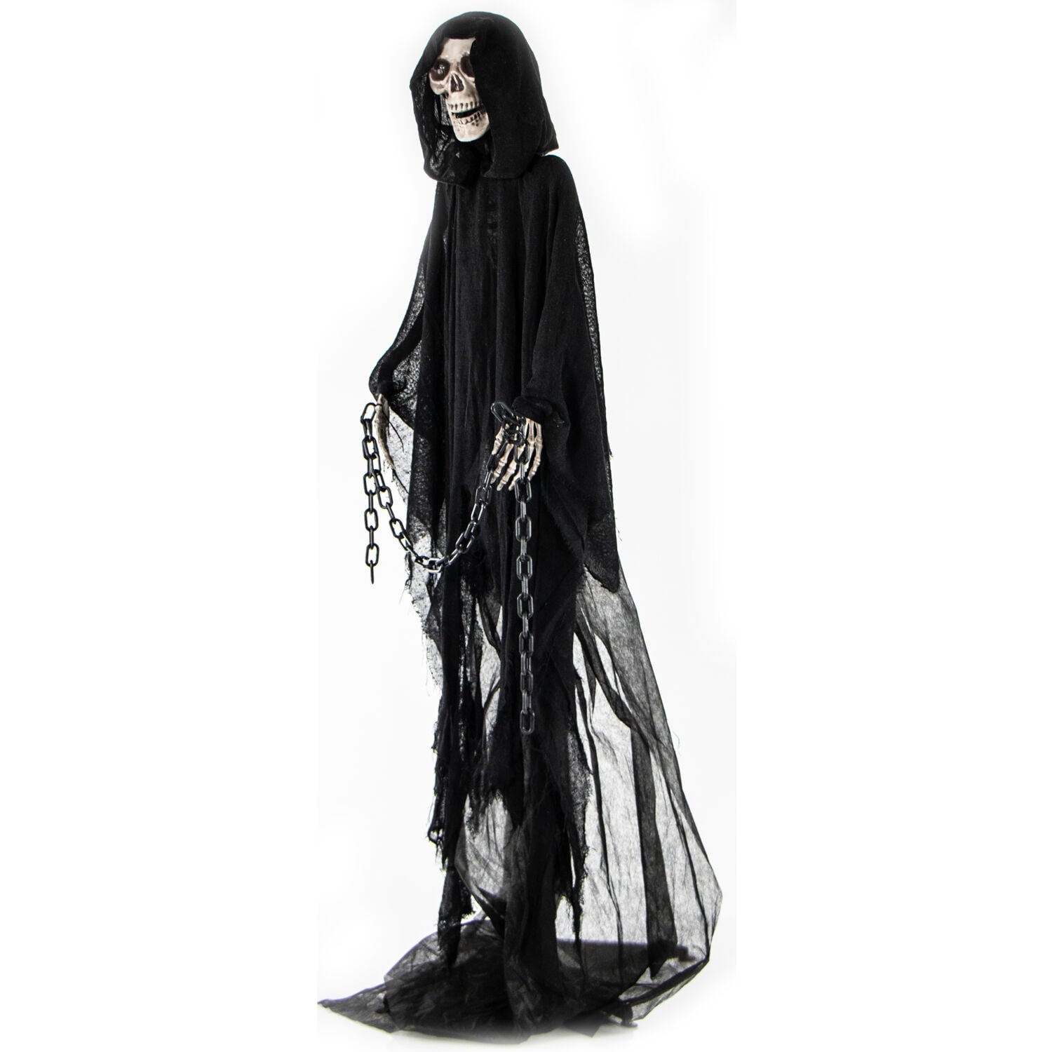 Haunted Hill Farm 5 ft Life-Size Animated Grim Reaper Prop w/ Chain and Rotating Head for Indoor or Outdoor Halloween Decoration, Battery-Operated