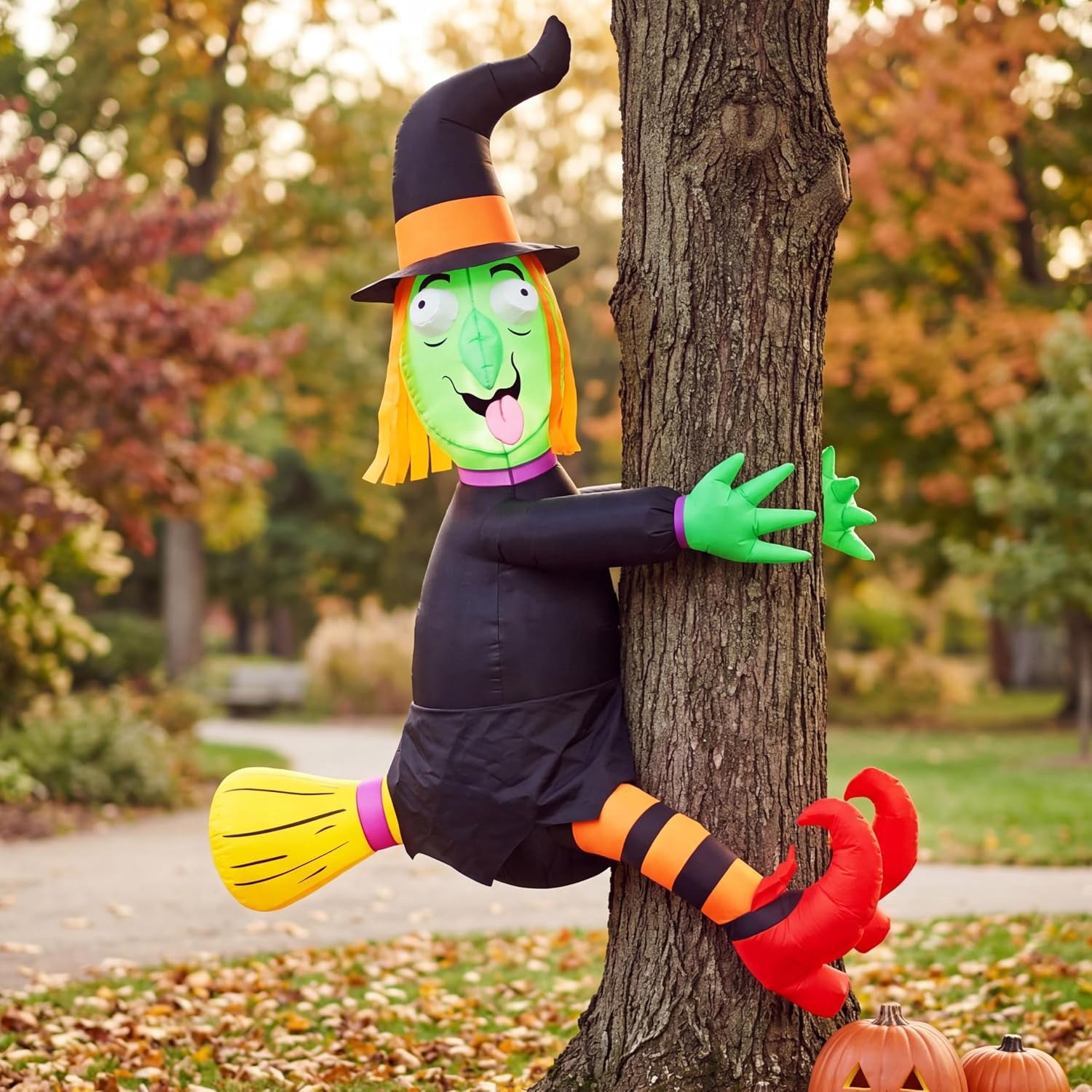 Joyfy 4 FT Halloween Inflatables Witch Crashing Into Tree,LED Lighted Blow Up Yard Decoration for Outdoor Garden Lawn Party Decor
