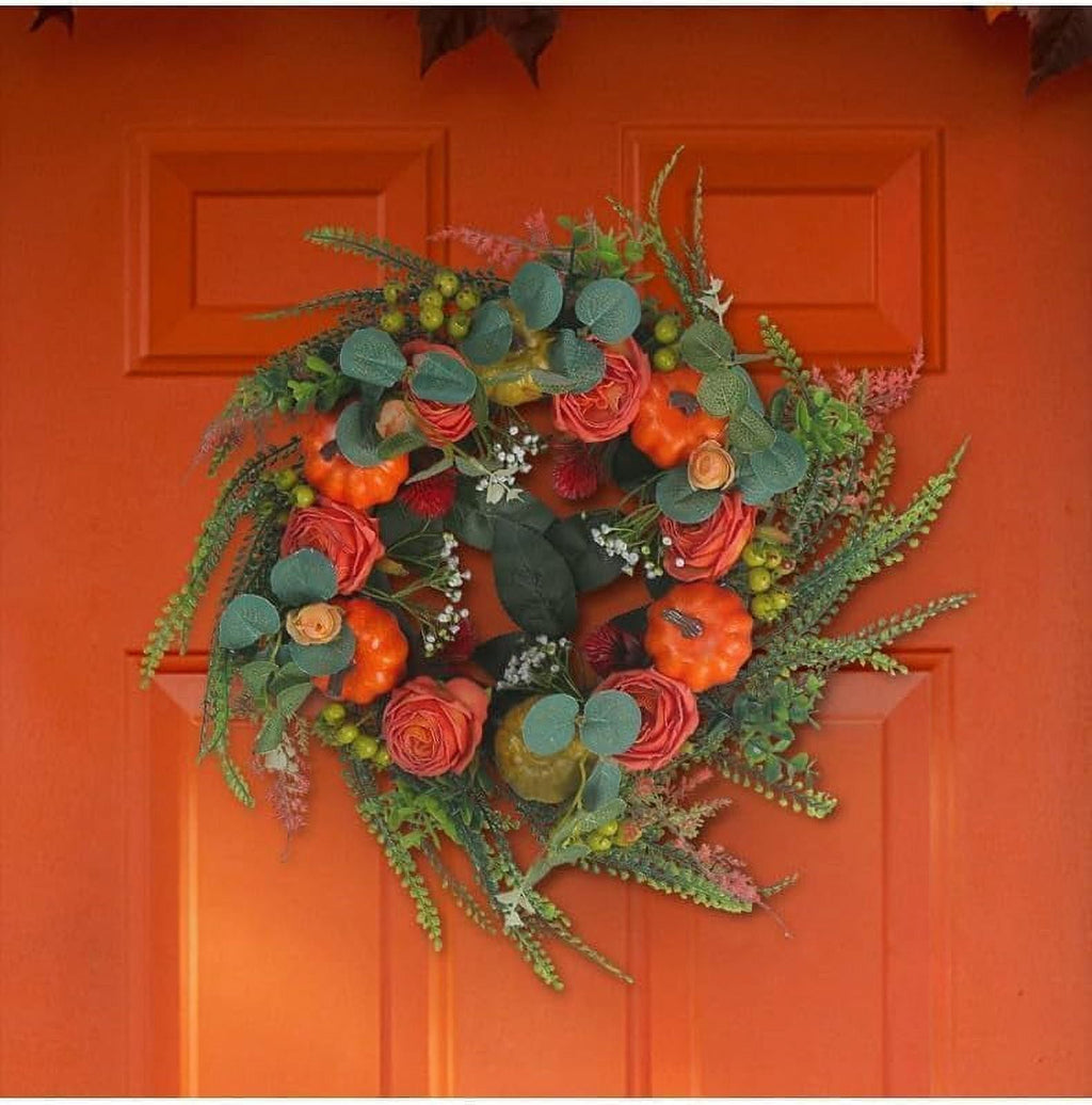 Artificial Fall Wreaths for Front Door Rustic Autumn Wreath with Pumpkin,Rose,Berry Branchesm,Mixed Leaves Thanksgiving Wreath Fall Door Wreath for Halloween Thanksgiving Indoor Outdoor Decor (B17.7)