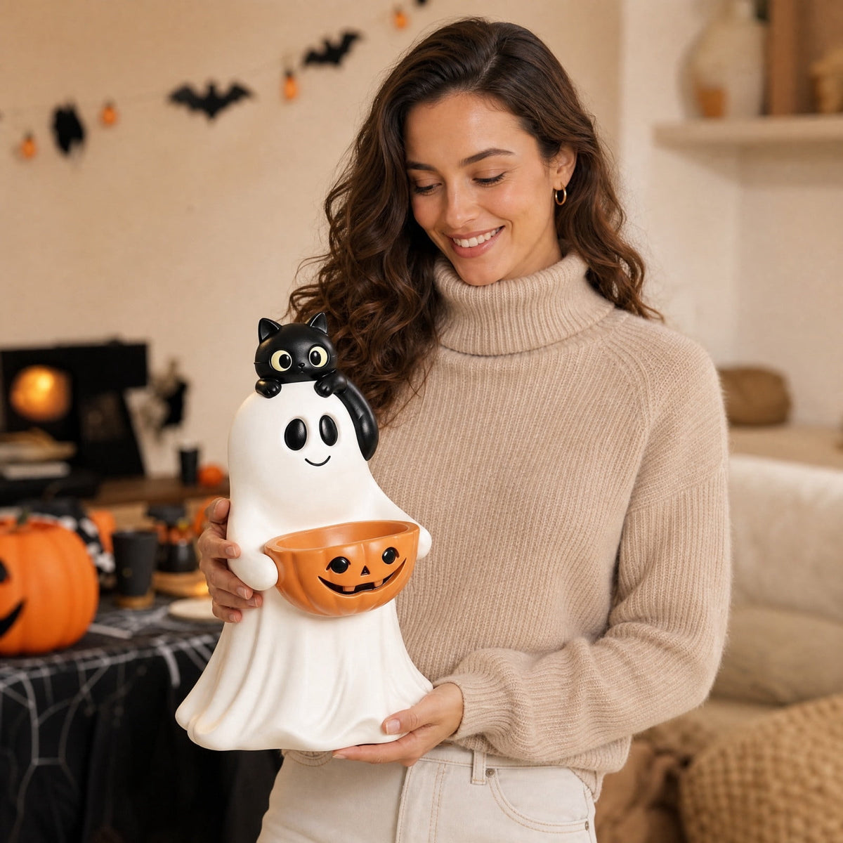 13.7" Halloween Ghost Figurine with Pumpkin Candy Bowl, Indoor Outdoor Safe Ghost Statue for Porch Yard Garden Decoration, Freestanding Halloween Porch Decor
