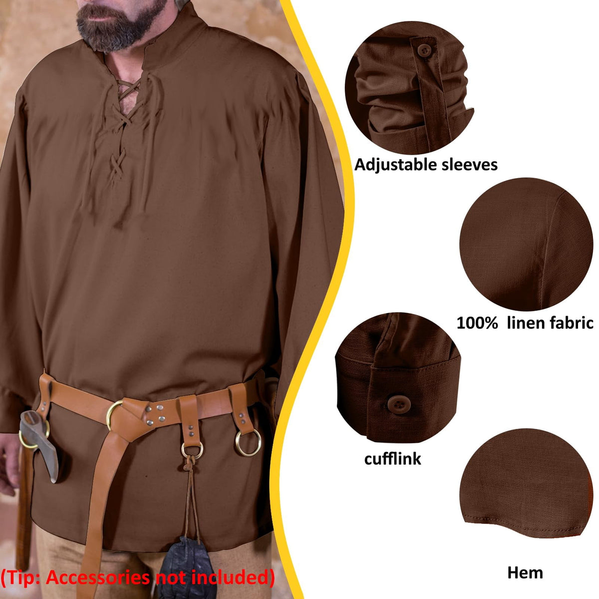 ATTBEA Mens Pirate Renaissance Costume Pirate Shirt Long Sleeves Medieval Viking Gothic Celtic Pirate Vest for Unisex Halloween Costume