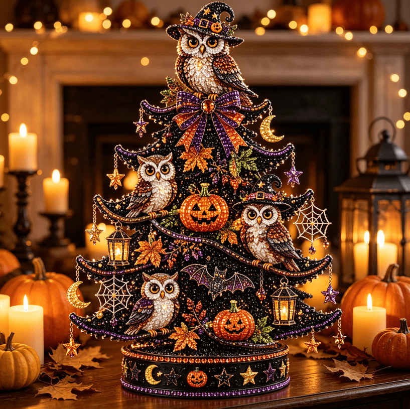 2026 Moonlit Black Cat DIY Halloween Quilted Fabric Tree Kit - Patchwork Fabric Halloween Tabletop Tree, Autumn Mantel Ornament for Adult Rustic Farmhouse Seasonal Display