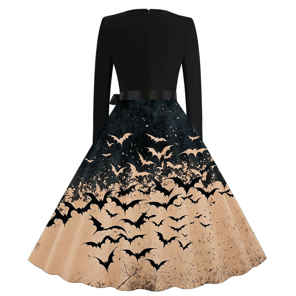 Women's Vintage Halloween Bat Print Swing Dress Long Sleeve 1950s Retro A-Line Midi Dresses with Satin Sash Belt for Gothic Cosplay Evening Prom Party