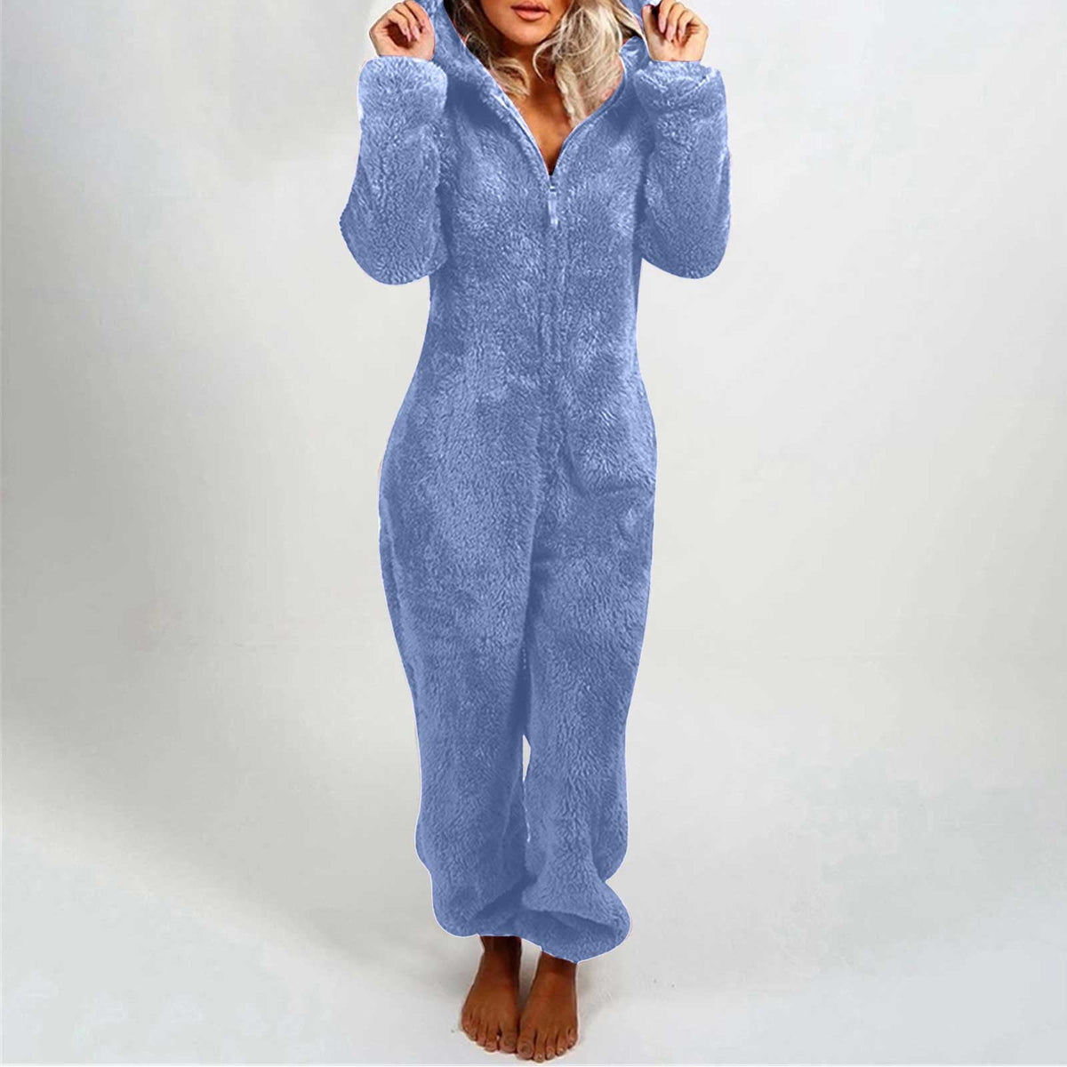 QATAINLAV Sherpa Fleece Jumpsuit for Women Winter Warm Fuzzy Onesie Pajamas Cute Cat Hooded Romper Casual Zip Up Overalls Sleepwear Black XL