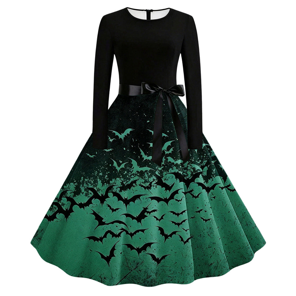 Women's Vintage Halloween Bat Print Swing Dress Long Sleeve 1950s Retro A-Line Midi Dresses with Satin Sash Belt for Gothic Cosplay Evening Prom Party