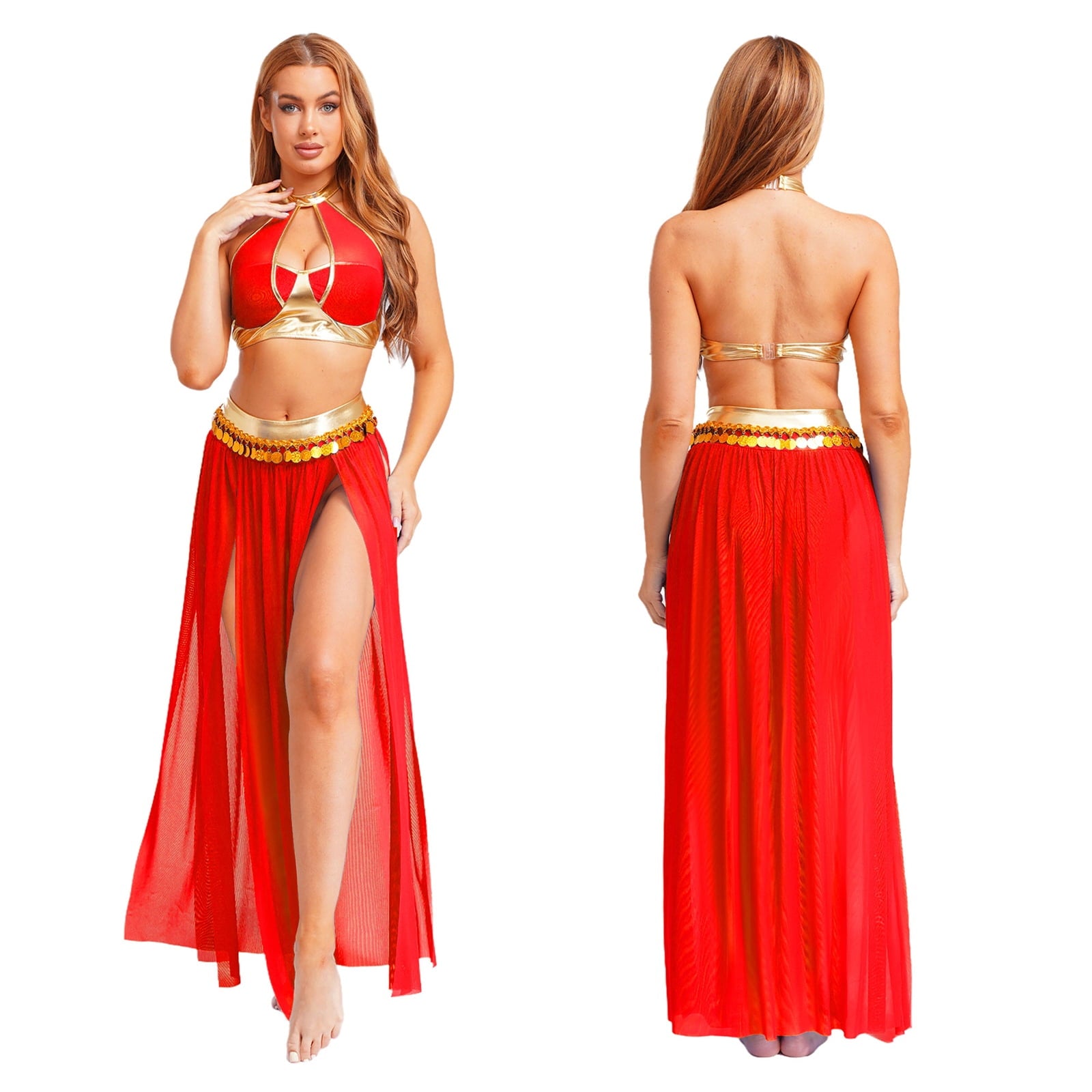 YiZYiF Women's Belly Dance Costume Halter Crop Top with Sequin Tassel Split Mesh Long Skirt 2Pcs Set Red A S