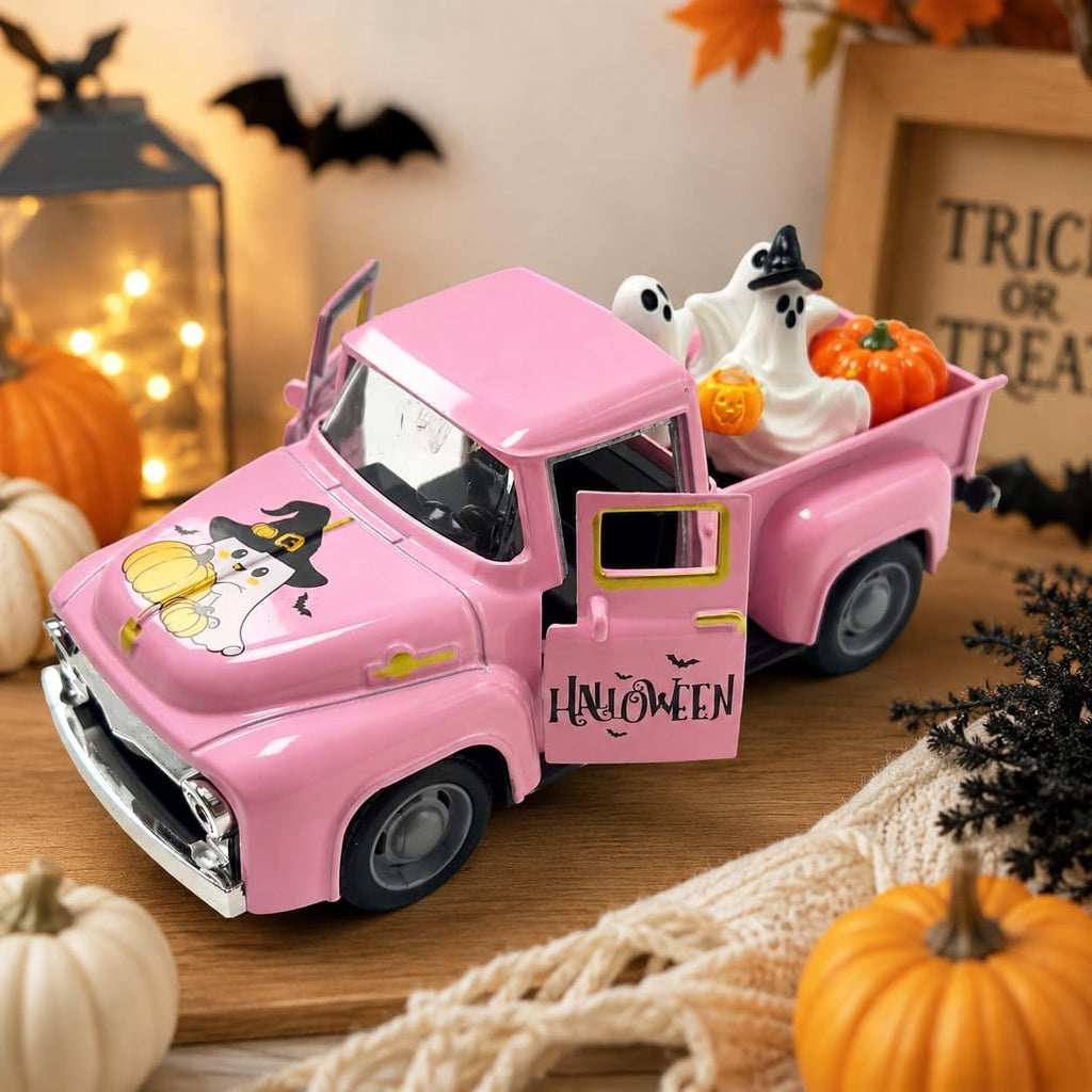 Molumo Halloween Truck Decor - Vintage Pink Pickup Truck with Ghost and Pumpkin Figurines for Halloween Home Tiered Tray Holiday Party Decoration