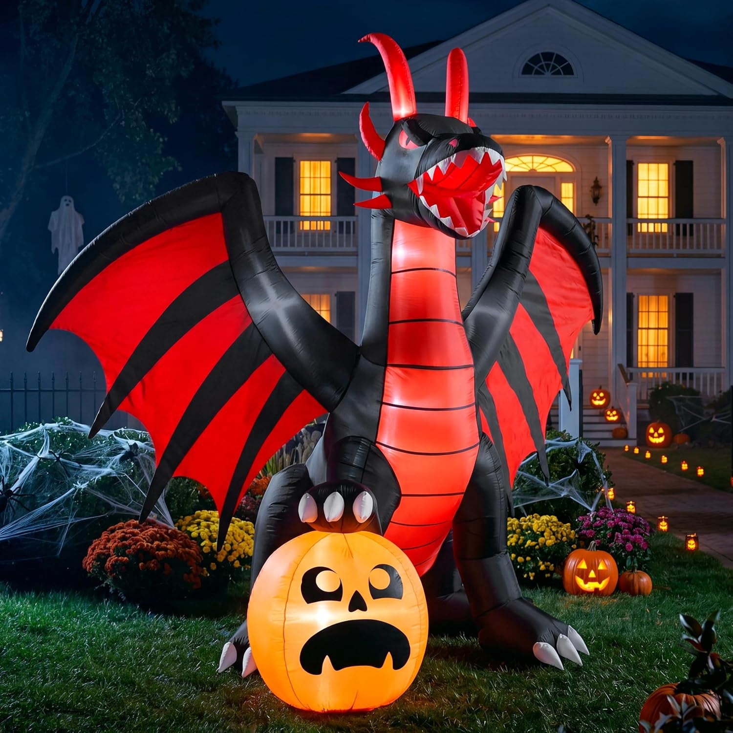 Joyfy 8 ft Halloween Inflatable Fire Dragon with Pumpkin,Animated Moving Mouth & Internal LED Lights,Blow Up Yard Decor Outdoor Lawn Garden Indoor Porch Patio Spooky Halloween Decoration