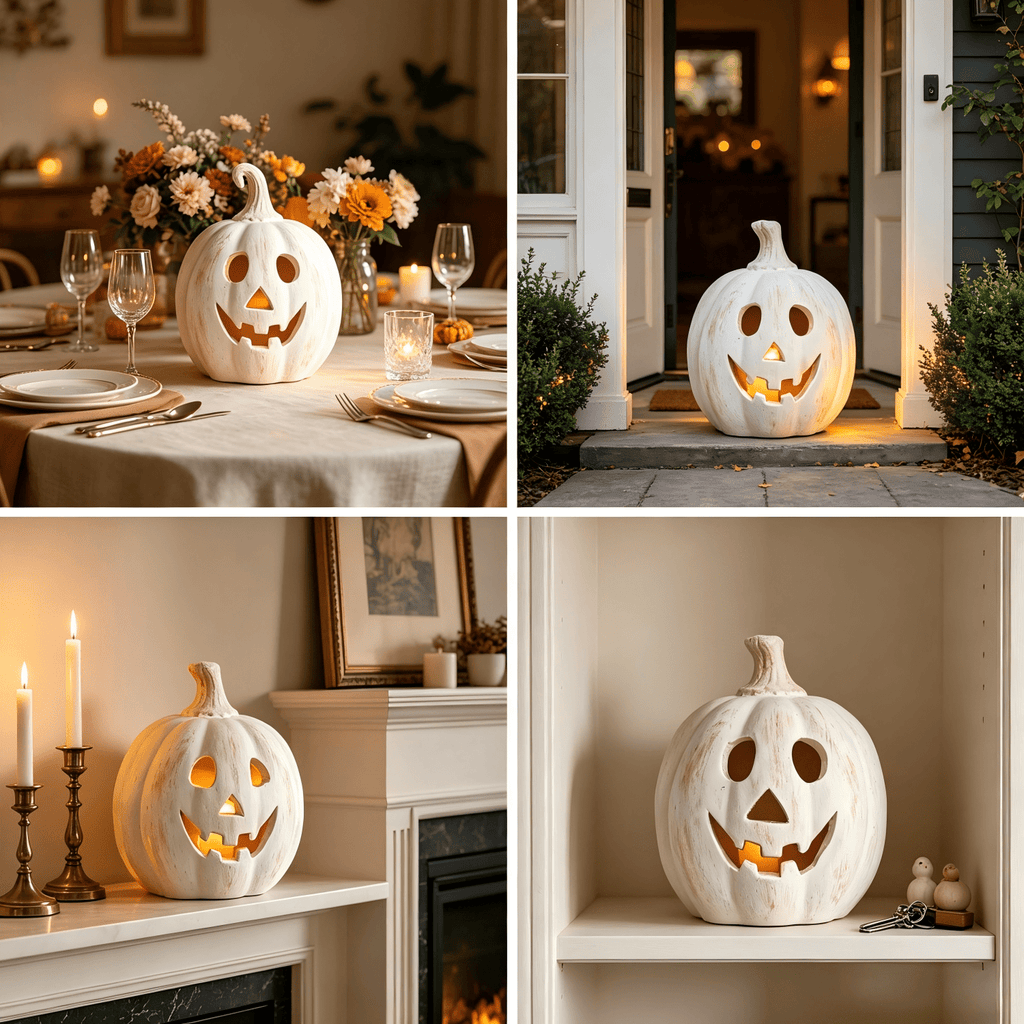 Fall Decorations for Home - Halloween Decor Indoor - 7.87" H White Handmade Resin Pumpkin Jack O' Lantern with Flameless Candle - Outdoor Decoration for Front Door Porch Mantel Kitchen Living Room