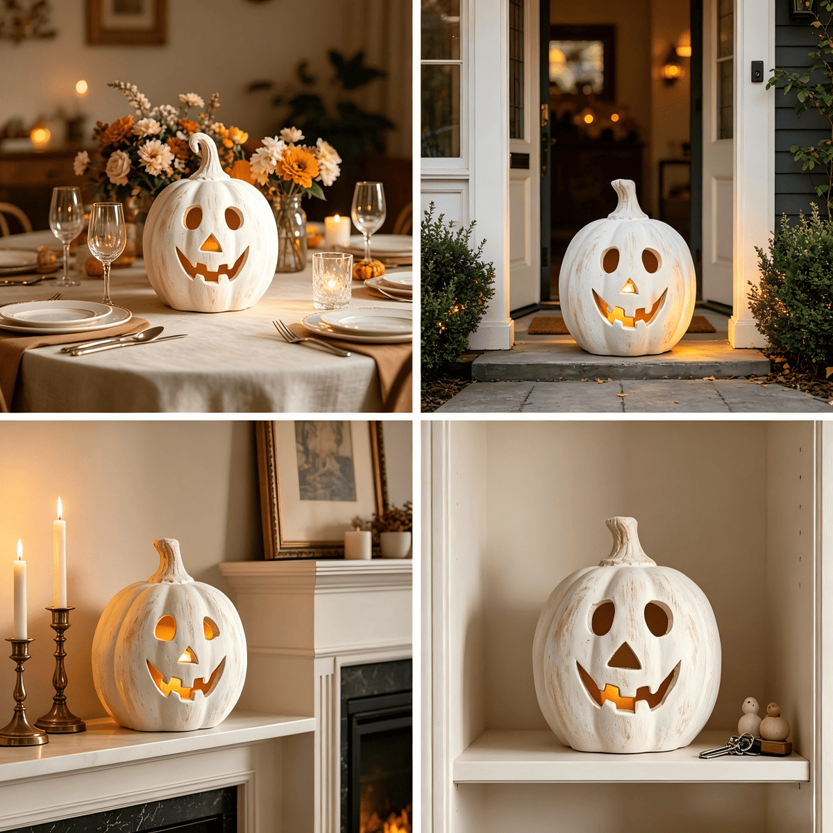 Fall Decorations for Home - Halloween Decor Indoor - 7.87" H White Handmade Resin Pumpkin Jack O' Lantern with Flameless Candle - Outdoor Decoration for Front Door Porch Mantel Kitchen Living Room