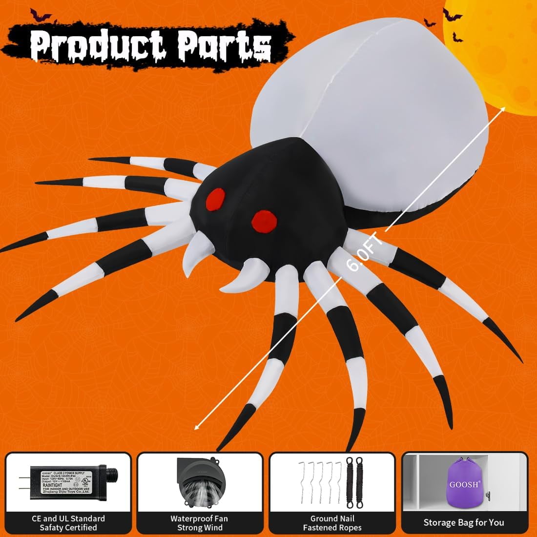 GOOSH Halloween Inflatable 6 FT Spider Inflatables Outdoor Decorations with Magic Light, Scary Inflatable Halloween Spider Blow Up Spider, Halloween Blow Up Decorations Outside Clearance for Holiday