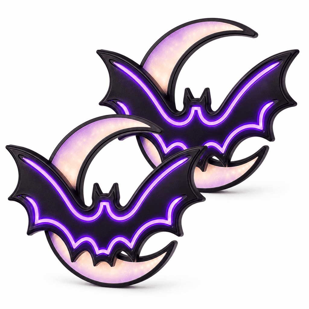 2 Pack Halloween Bat Moon Lights, Battery Operated Purple LED Hanging Decorations, Light Up Window Wall Decor for Indoor Covered Porch
