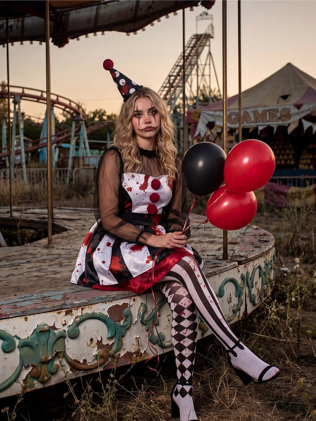 Joyfy Girls Clown Costume, Halloween Scary Clown Costume, Family Matching Bloody Jester Dress for Girls Halloween Dress up, Role Play, Cosplay Party