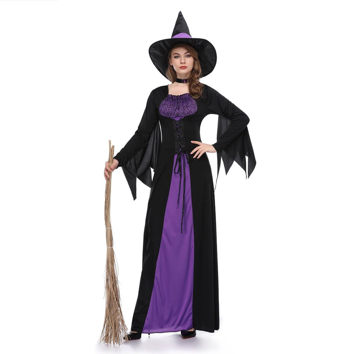 Halloween Witch Costume Women, Classic Retro Witch Costumes for Women Halloween Fancy Dress Witch Dress Purple L