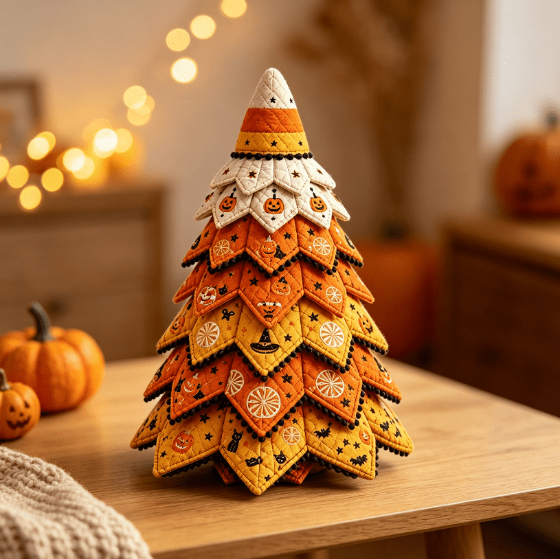 2026 Moonlit Black Cat DIY Halloween Quilted Fabric Tree Kit - Patchwork Fabric Halloween Tabletop Tree, Autumn Mantel Ornament for Adult Rustic Farmhouse Seasonal Display
