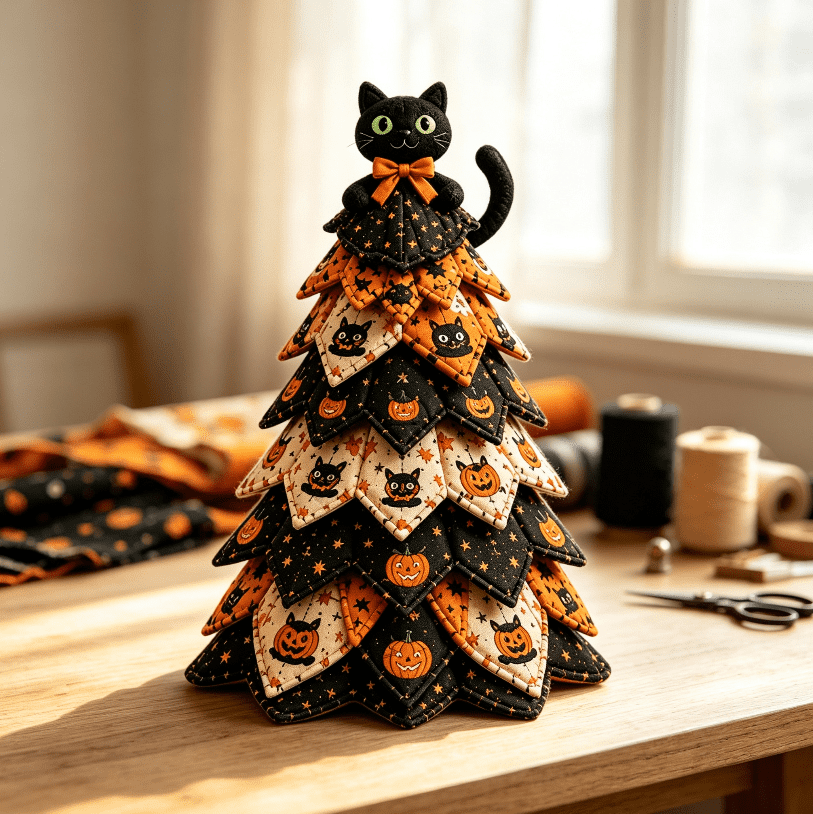 2026 Moonlit Black Cat DIY Halloween Quilted Fabric Tree Kit - Patchwork Fabric Halloween Tabletop Tree, Autumn Mantel Ornament for Adult Rustic Farmhouse Seasonal Display
