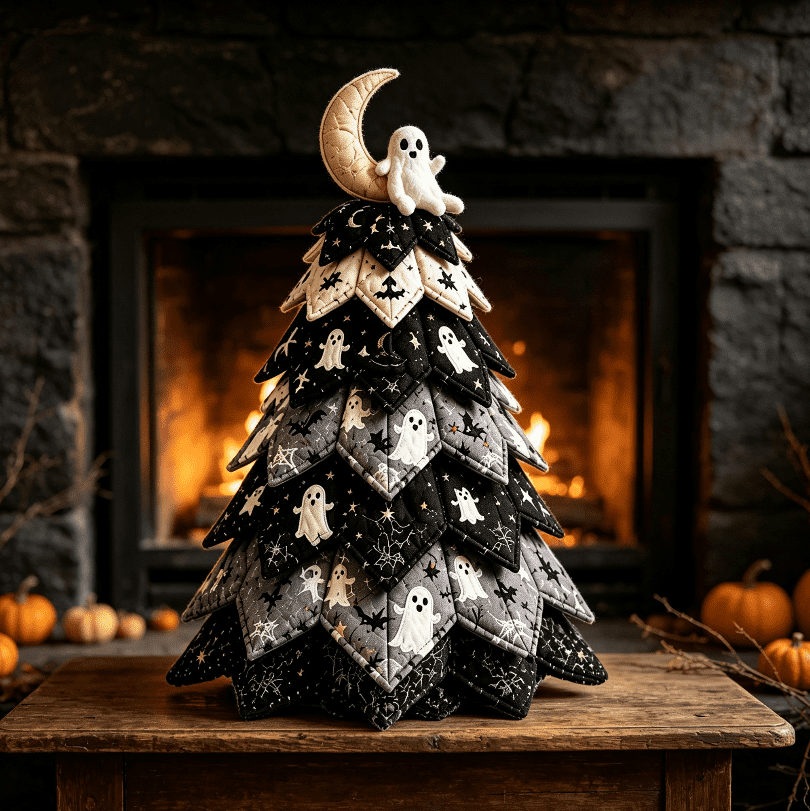 2026 Moonlit Black Cat DIY Halloween Quilted Fabric Tree Kit - Patchwork Fabric Halloween Tabletop Tree, Autumn Mantel Ornament for Adult Rustic Farmhouse Seasonal Display