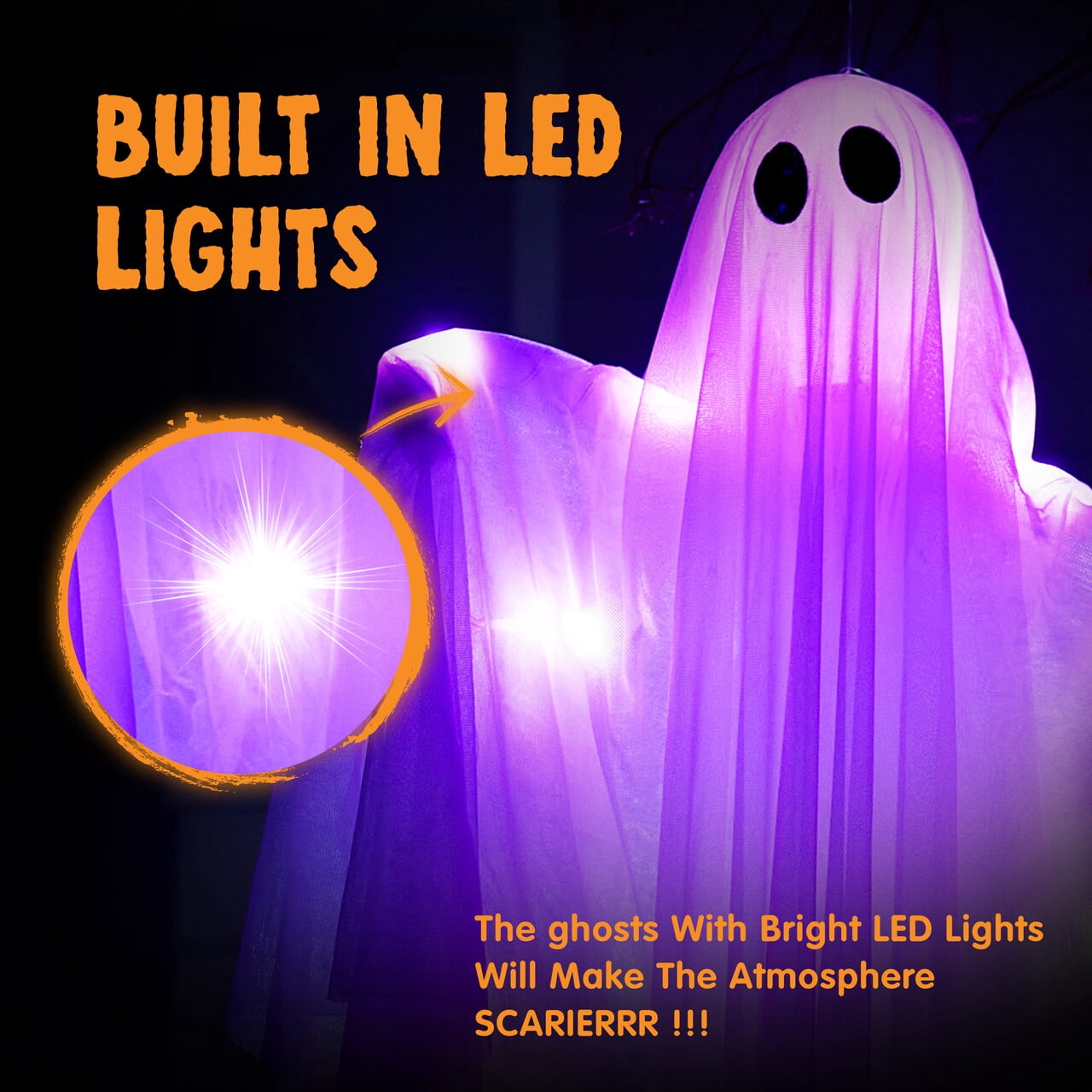 Joyfy 47" Halloween Hanging Light up Ghost Decorations Outdoor,White Ghosts with Blue LED Light and Timer Halloween Hanging Decoration Waterproof for Front Yard Patio Lawn